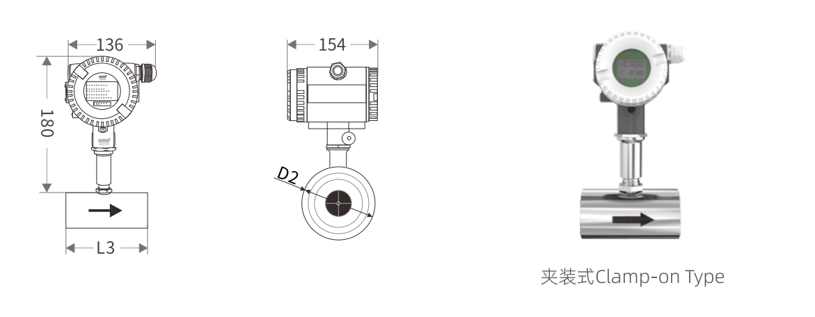 Dimensional drawing of DN15~DN100 clip-on connection type turbine flowmeter