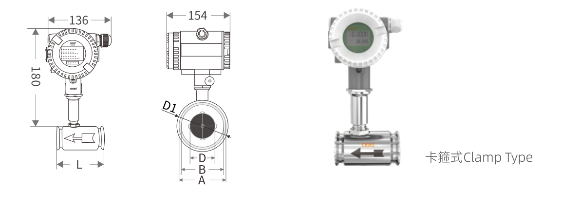 Dimensional drawing of DN4~DN100 clamp connection type turbine flowmeter