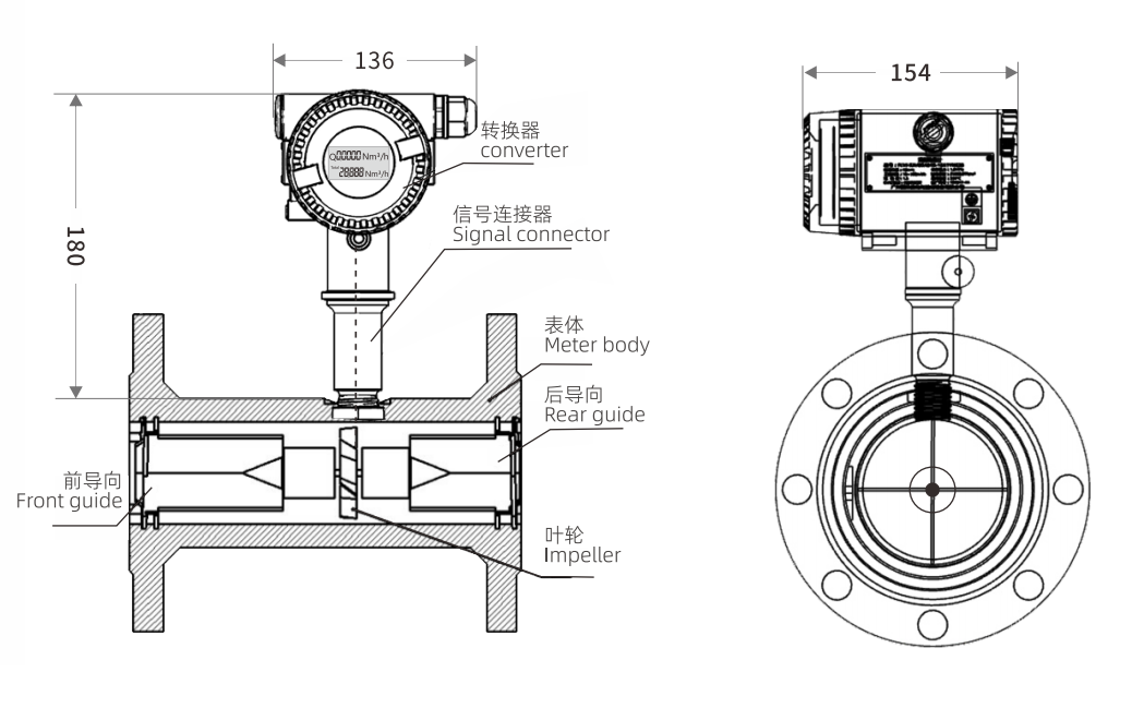 CKAS-FLYW880 Liquid Turbine Flowmeter Structural Dimensions