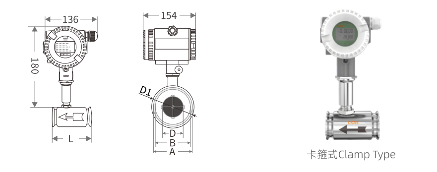 Dimensional drawing of DN4~DN100 clamp connection type turbine flowmeter